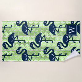 Tropical Flamingo Greek Key - Lime & Navy Monogram Strandtuch