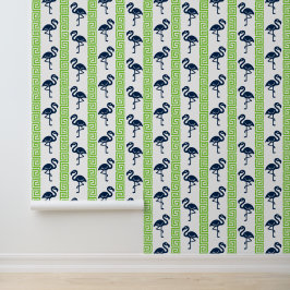 Tropical Flamingo - Greek Key Navy & Lime Tapete