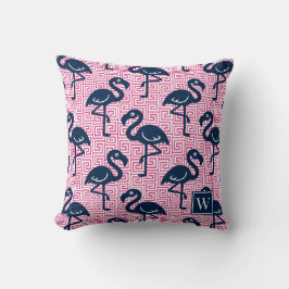 Tropical Flamingo Greek Key - Pink & Navy Monogram Kissen