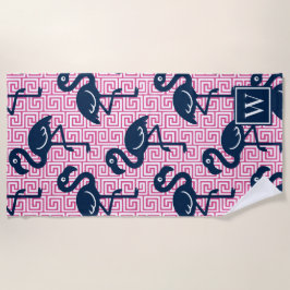 Tropical Flamingo Greek Key - Pink & Navy Monogram Strandtuch