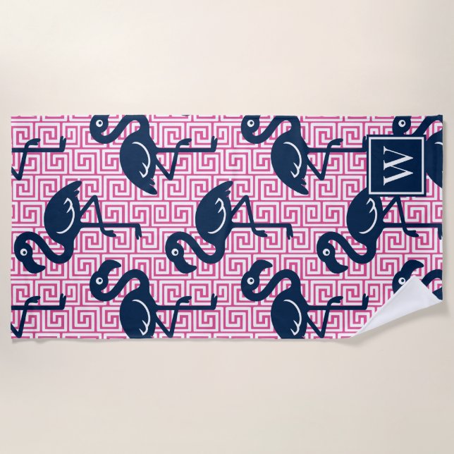 Tropical Flamingo Greek Key - Pink & Navy Monogram Strandtuch (Vorderseite)