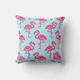 Tropical Flamingo Greek Key - Pink & Turq Monogram Kissen