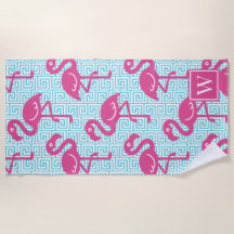 Tropical Flamingo Greek Key Pink & Turq Monogram