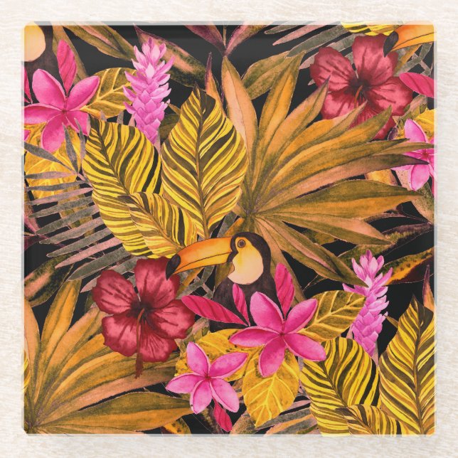 Tropical Flamingo: Hibiskus Summer Pattern Glasuntersetzer (Vorderseite)