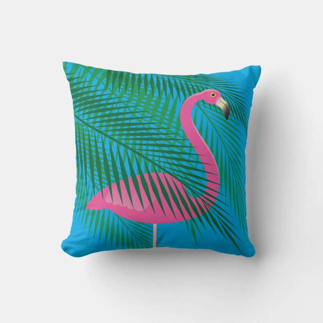 Tropical Flamingo & Palm Blätter auf Blue Sky Kissen (Vorderseite)