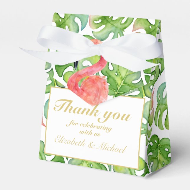 Tropical Flamingo Palm Blätter Pink Green DANKE Geschenkschachtel (Vorderseite)