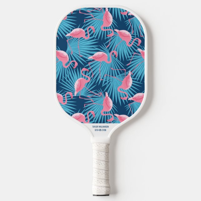 Tropical Flamingo Palm Print Individuelle Name Tel Pickleball Schläger (Vorderseite)