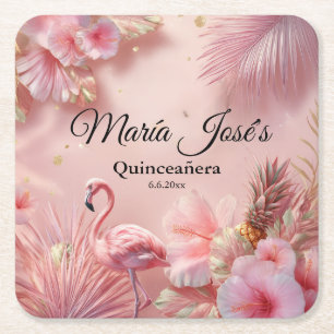 Tropical Flamingo Quinceañera, individuell Rechteckiger Pappuntersetzer