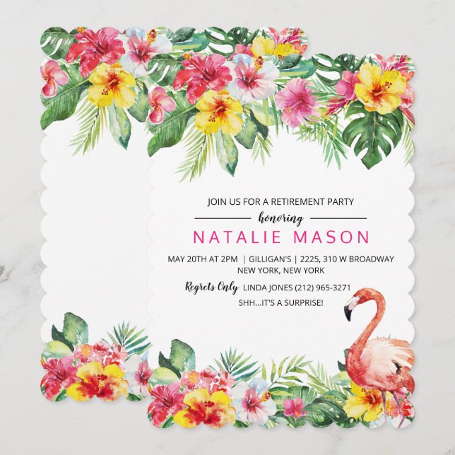 Tropical Flamingo Retirement Party Einladung (Vorne/Hinten)