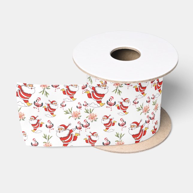 Tropical Flamingo Santa Christmas Pattern Satinband (Spule)