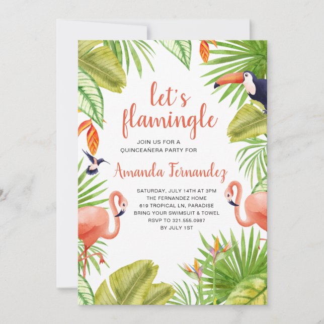 Tropical Flamingo Watercolor Quinceañera Einladung (Vorderseite)