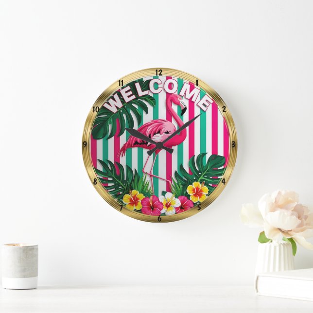 Tropical Flamingo Willkommen bei Aussie Style Große Wanduhr (Zuhause)