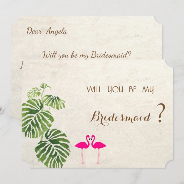 Tropical Flamingos Bridesmaid Card Einladung (Vorne/Hinten)