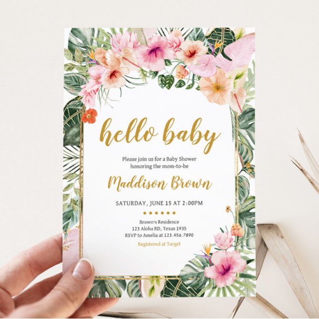 Tropical Floral Aloha Babydusche Einladung (Girl Hawaiian Baby Shower Invitation)