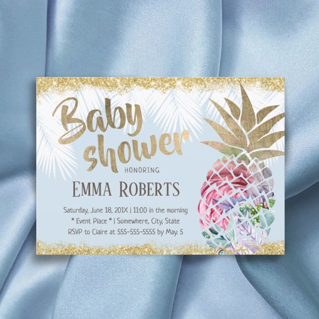 Tropical Floral Ananas Gold Glitzer Baby Shower Einladung (Von Creator hochgeladen)