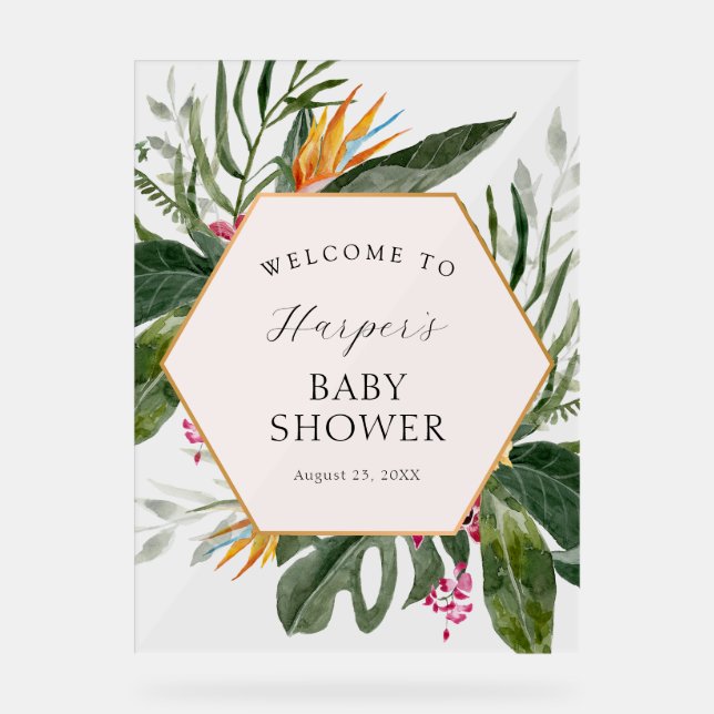 Tropical Floral Baby Dusche Empfang Acrylschild (Vorderseite)