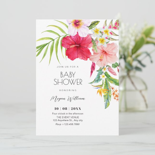 Tropical floral baby shower einladung (Stehend Vorderseite)