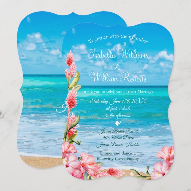 Tropical Floral Beach Hochzeit Einladung (Vorne/Hinten)