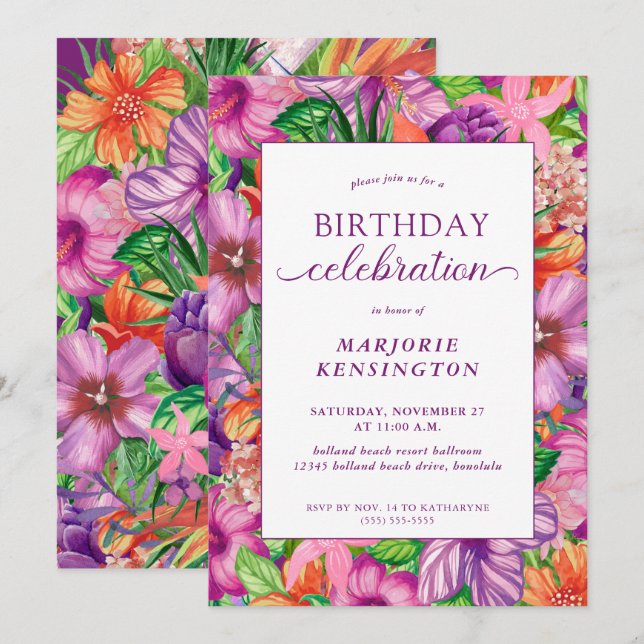 Tropical Floral Birthday Celebration Party Einladung (Vorne/Hinten)