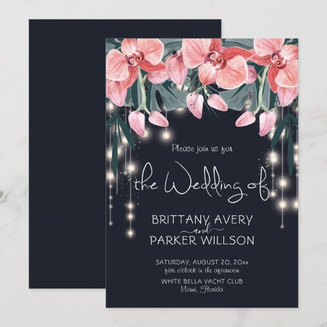 Tropical Floral Blue Wedding Einladung (Vorne/Hinten)
