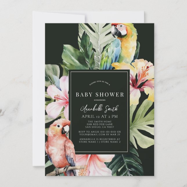 Tropical Floral & Botanical Parrot Baby Dusche Einladung (Vorderseite)