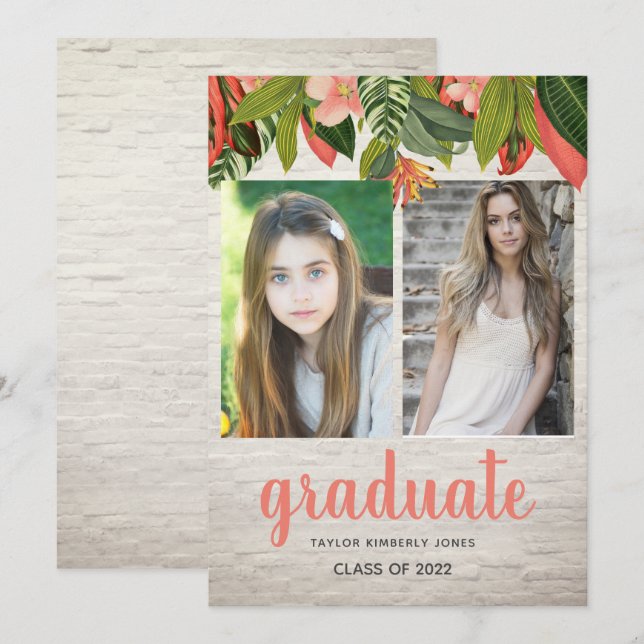 Tropical Floral Brick Graduation Photo Invitation (Devant / Derrière)