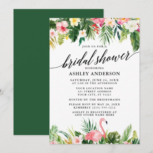 Tropical Floral Calligraphy Brautparty Green Einladung (Vorne/Hinten)