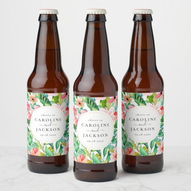 Tropical Floral Custom Wedding Bierflaschenetikett (Flaschen)