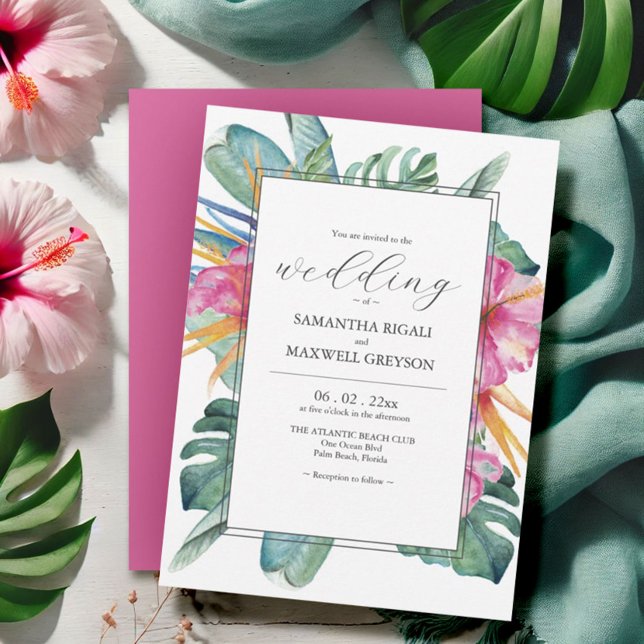 Tropical Floral Destination Wedding Invitations Einladung (Tropical wedding invitations watercolor floral and palm leaf art Victoria Grigaliunas DoTellABelle)