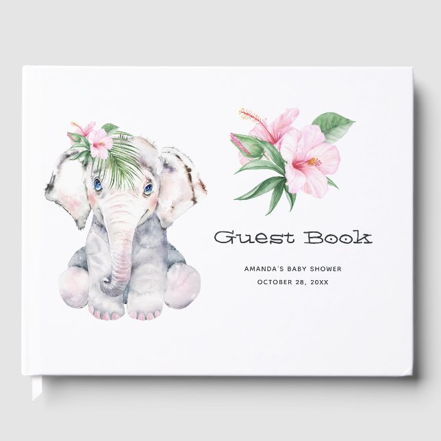 Tropical Floral Elephant Girl Baby Dusche Gästebuch (Vorderseite)
