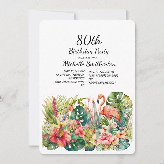 Tropical Floral Flamingo 80. Geburtstag Einladung (Vorderseite)