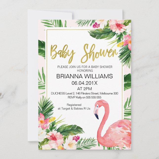 Tropical Floral Flamingo Baby Dusche Einladung (Vorderseite)