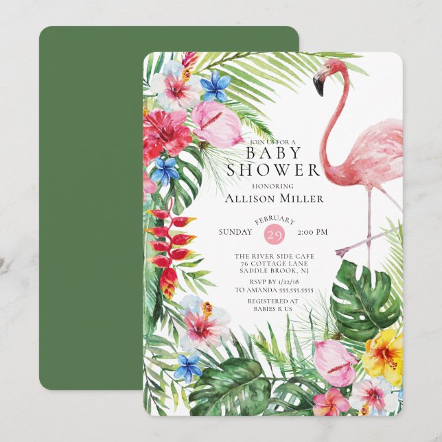Tropical Floral Flamingo Baby Dusche Einladung (Vorne/Hinten)