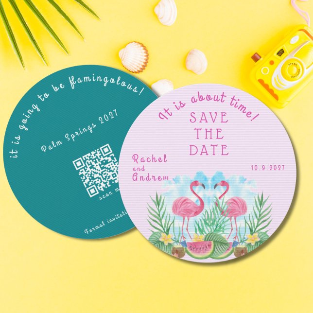 Tropical Floral Flamingo Bold Pink Green Wedding Save The Date (Tropical Floral Flamingo Bold Pink Green Wedding Save The Date)