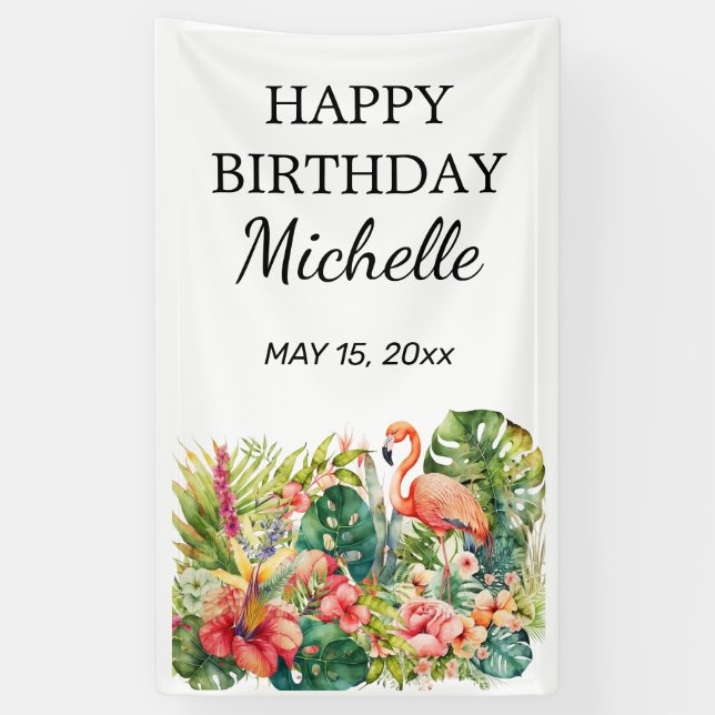 Tropical Floral Flamingo Happy Birthday Name Banner (Vertikal)
