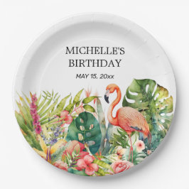 Tropical Floral Flamingo Happy Birthday Name Pappteller