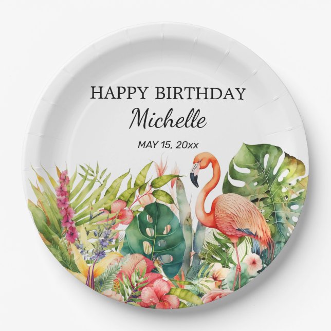 Tropical Floral Flamingo Happy Birthday Name Pappteller (Vorderseite)