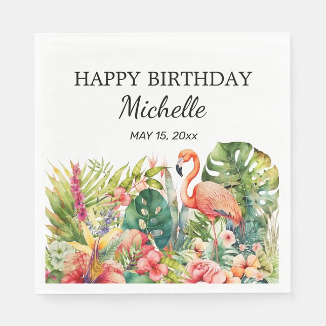 Tropical Floral Flamingo Happy Birthday Name Serviette (Vorderseite)
