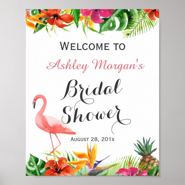 Tropical Floral Flamingo Luau Brautparty Sign Poster (Vorne)