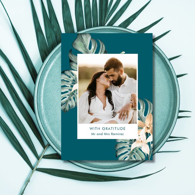 Tropical Floral Foto Wedding Vielen Dank Dankeskarte (Tropical Floral Photo Wedding Thank You)