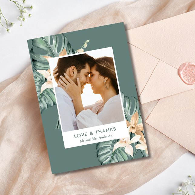 Tropical Floral Foto Wedding Vielen Dank Dankeskarte (Tropical Floral Photo Wedding Thank You Card)