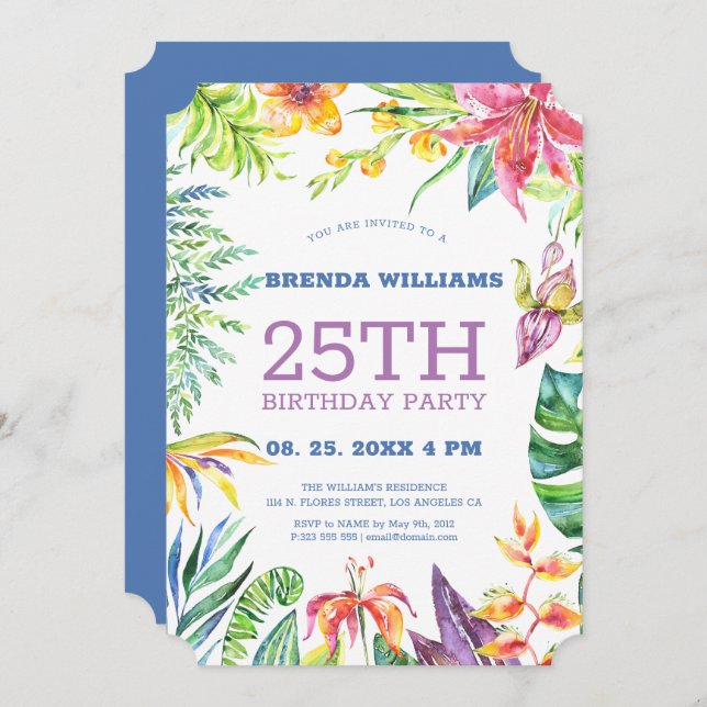 Tropical Floral Frame Anniversaire Invitation de f (Devant / Derrière)
