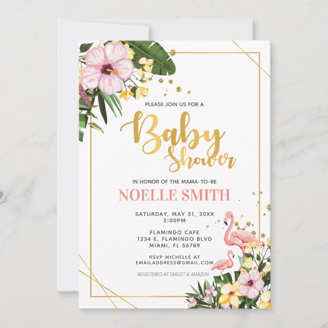 Tropical Floral Gold Flamingo Baby Dusche Einladung (Vorderseite)