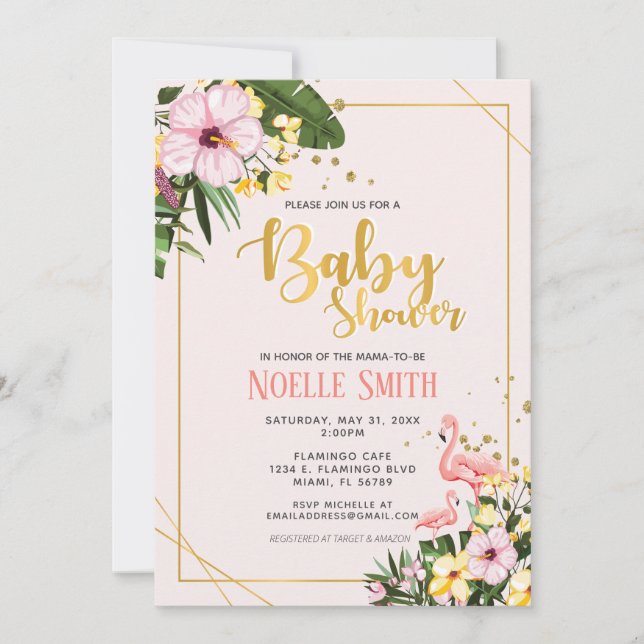 Tropical Floral Gold Flamingo Pink Baby Dusche Einladung (Vorderseite)