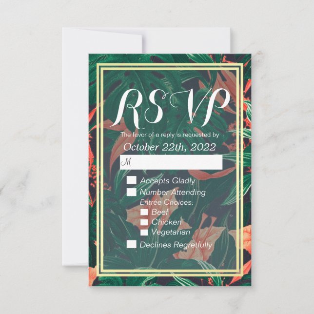 Tropical Floral Gold Foil Frame Wedding RSVP Répon (Devant)