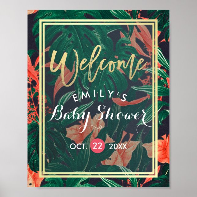 Tropical Floral Gold Frame Baby Dusche Willkommen Poster (Vorne)