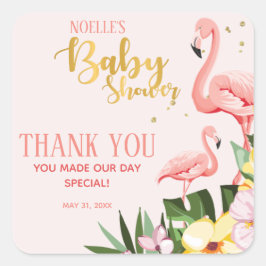 Tropical Floral Gold Pink Flamingo Baby Dusche Quadratischer Aufkleber