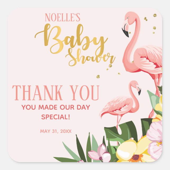 Tropical Floral Gold Pink Flamingo Baby Dusche Quadratischer Aufkleber (Vorderseite)