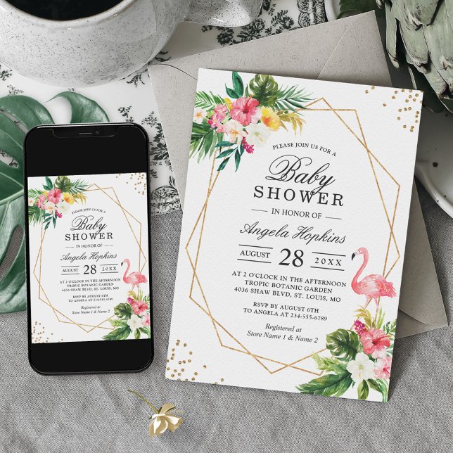 Tropical Floral Gold Rahmen Flamingo Baby Dusche Einladung (Von Creator hochgeladen)