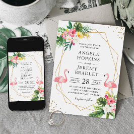 Tropical Floral Gold Rahmen Flamingo Sommer Hochze Einladung